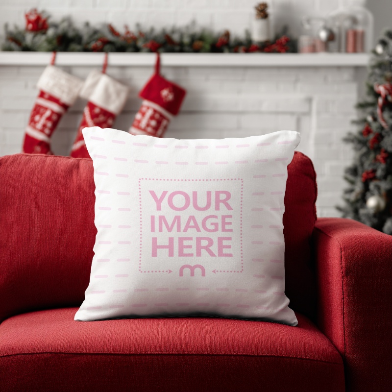 Pillow Mockup on Red Sofa in Christmas Background Living Room preview image