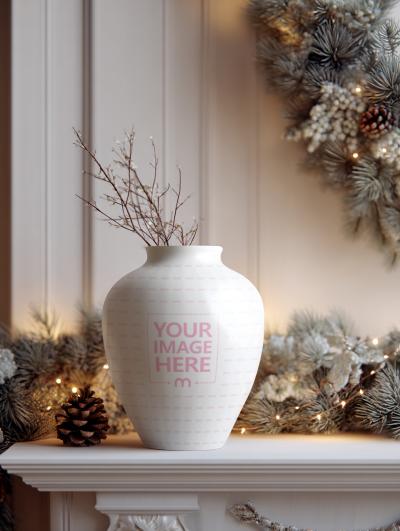 Vase Mockup on Tabletop with Festive Elements for Christmas Décor