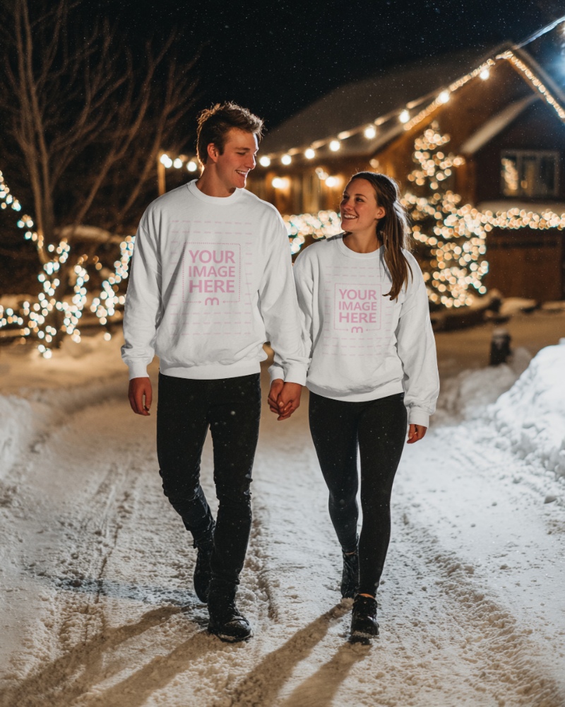 Sweatshirt Mockup with Couple Smiling in Snowy Christmas Outdoor preview image