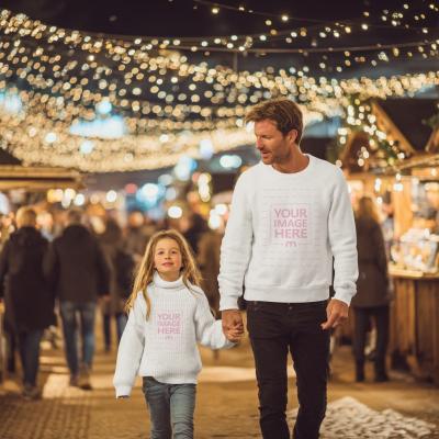 Sweatshirt Mockup with Dad and Daughter Holding Hands in Festive Lights