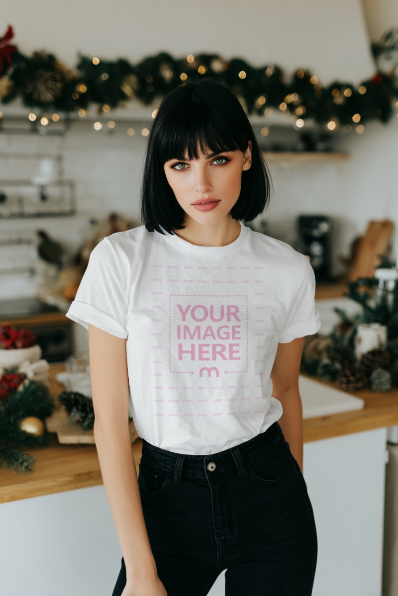 T-Shirt Mockup on Woman Posing Indoor Christmas Décor Room preview image