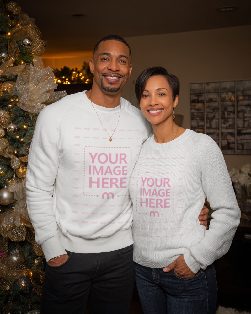 Couple Sweatshirt Mockup in Christmas Interior preview image