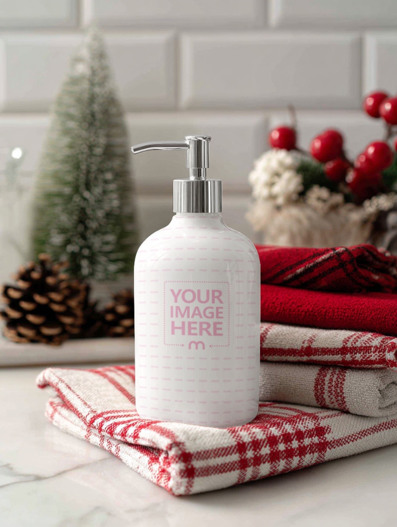 Soap Bottle Mockup on Towel in Tabletop Scene with Christmas Decor preview image