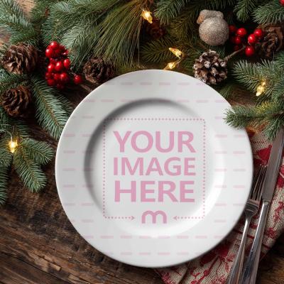 Plate Mockup on Wooden Table for Christmas Festive Tableware