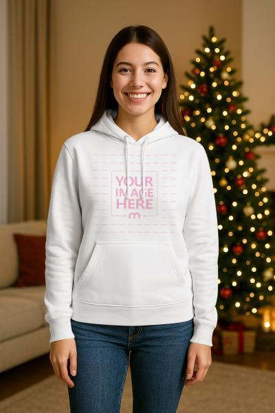 Hoodie Mockup with Smiling Woman for Christmas Apparel