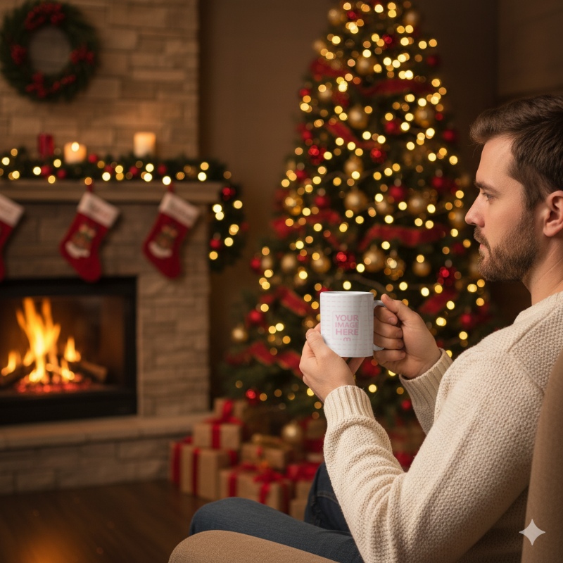 Mug Mockup with Man Holding It in Cozy Christmas Room preview image