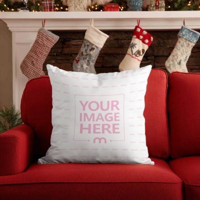 Pillow Mockup on Red Sofa for Cozy Christmas Room Décor