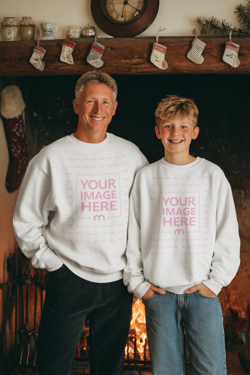 Sweatshirt Mockup In Christmas Themed with Father and Son preview image