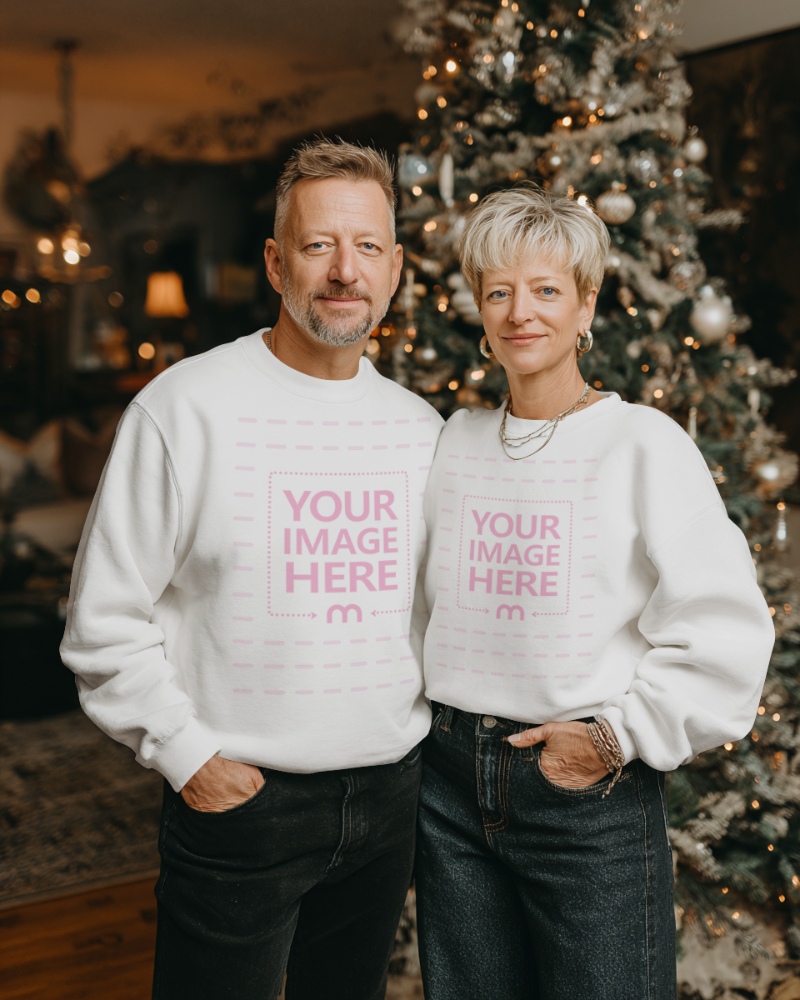 Sweatshirt Mockup with Elderly Couple in Festive Christmas Living Room preview image