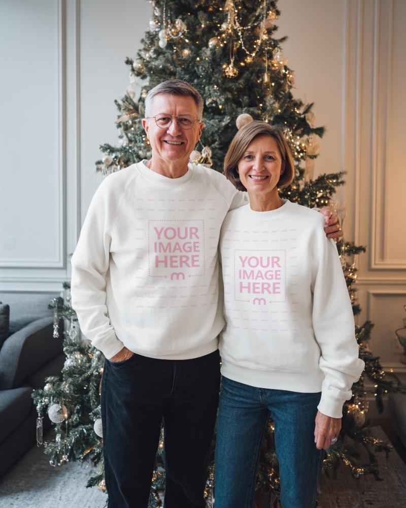 Sweatshirt Mockup with Elderly Couple in Cozy Living Room preview image