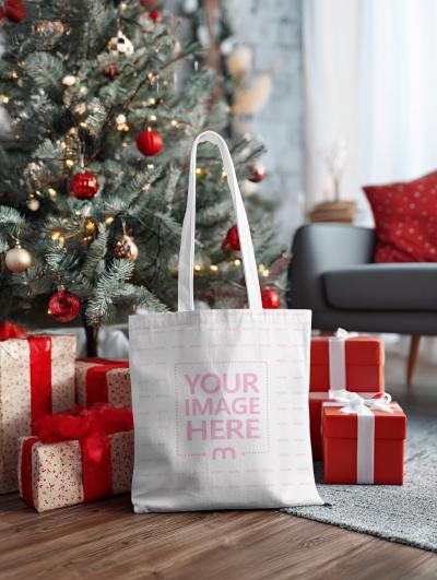 Tote Bag Mockup with Gifts in Living Room for Christmas Décor