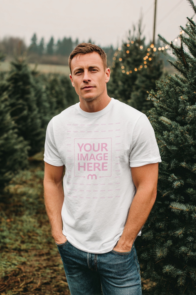 T-Shirt Mockup with Man in Field of Christmas Trees Outdoor Scene preview image