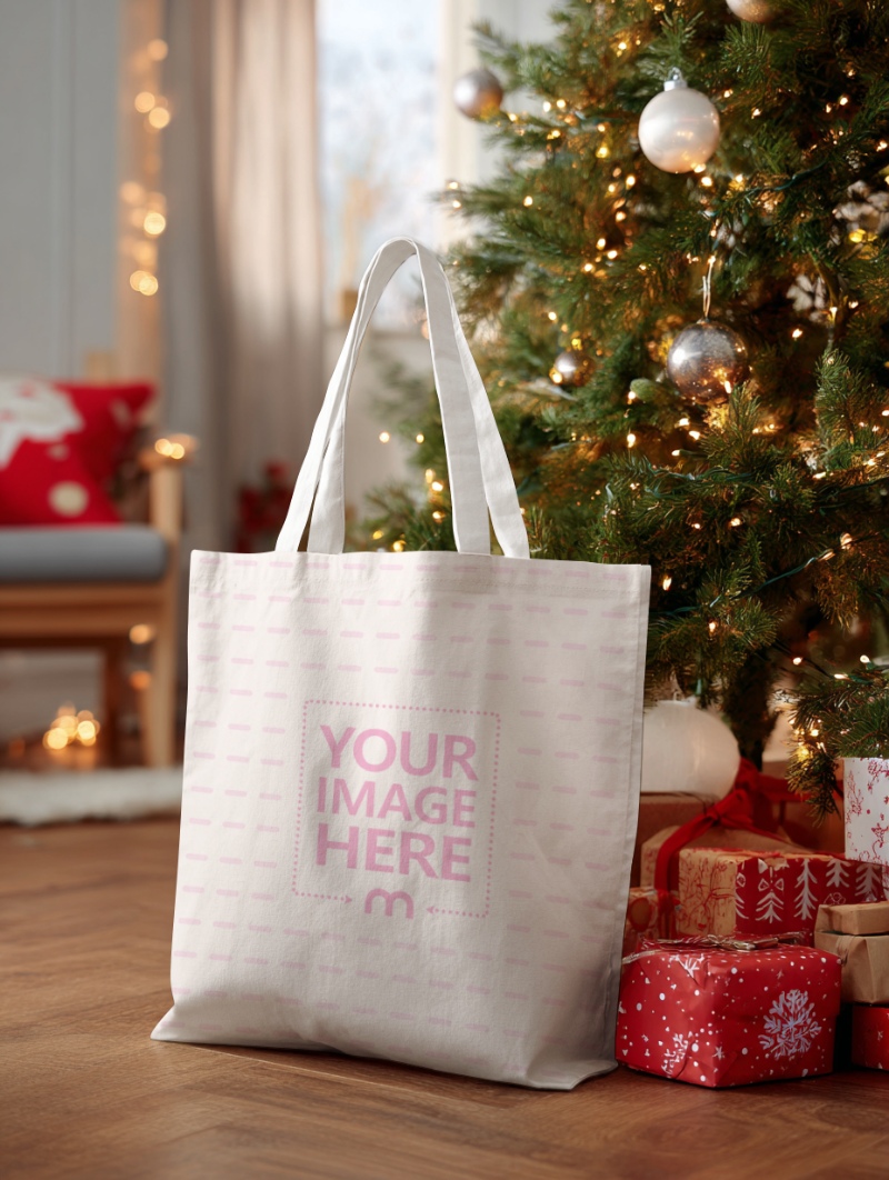 Tote Bag Mockup with Gifts and Tree in Indoor Holiday Décor preview image