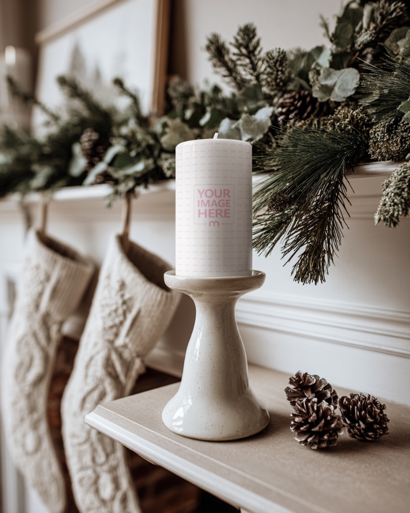 Candle Mockup on Ceramic Stand in Warm Festive Christmas Scene preview image