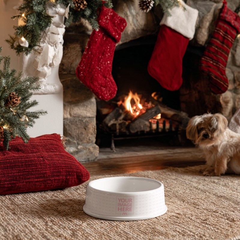 Pet Bowl Mockup by Fireplace in Cozy Christmas Living Room Scene preview image