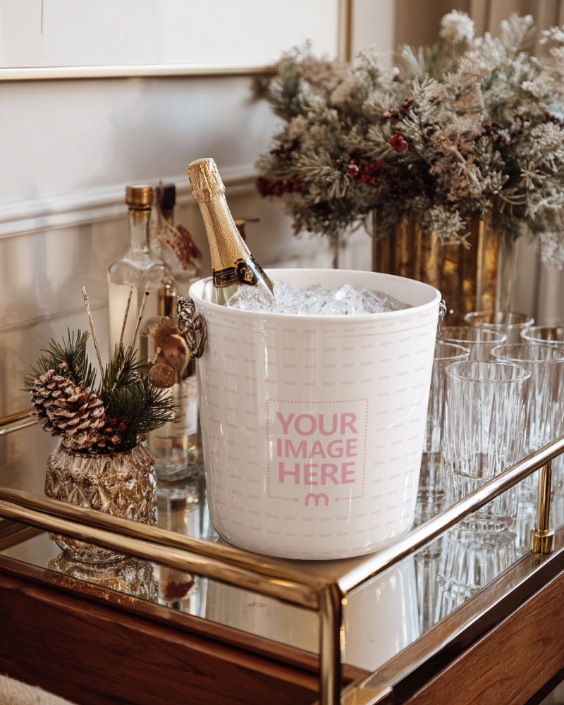 Wine Bucket Mockup with Ice on Table in Elegant Christmas Décor preview image
