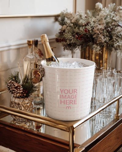 Wine Bucket Mockup with Ice on Table in Elegant Christmas Décor
