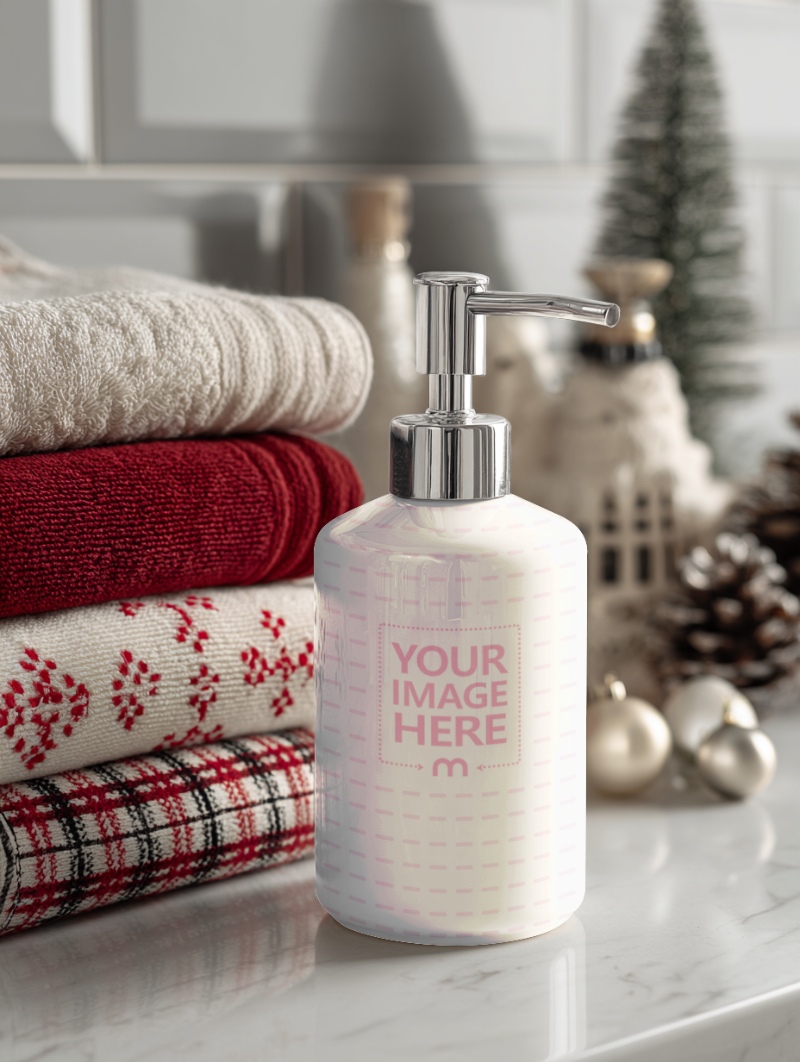 Soap Bottle Mockup with Towels in Bathroom for Festive Décor preview image