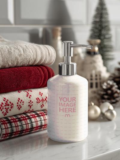 Soap Bottle Mockup with Towels in Bathroom for Festive Décor