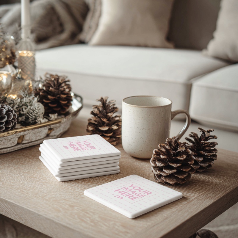 Coaster Mockup on Table in Warm Christmas Scene Display preview image