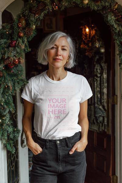 Shirt Mockup with Woman in Festive Christmas Décor Room