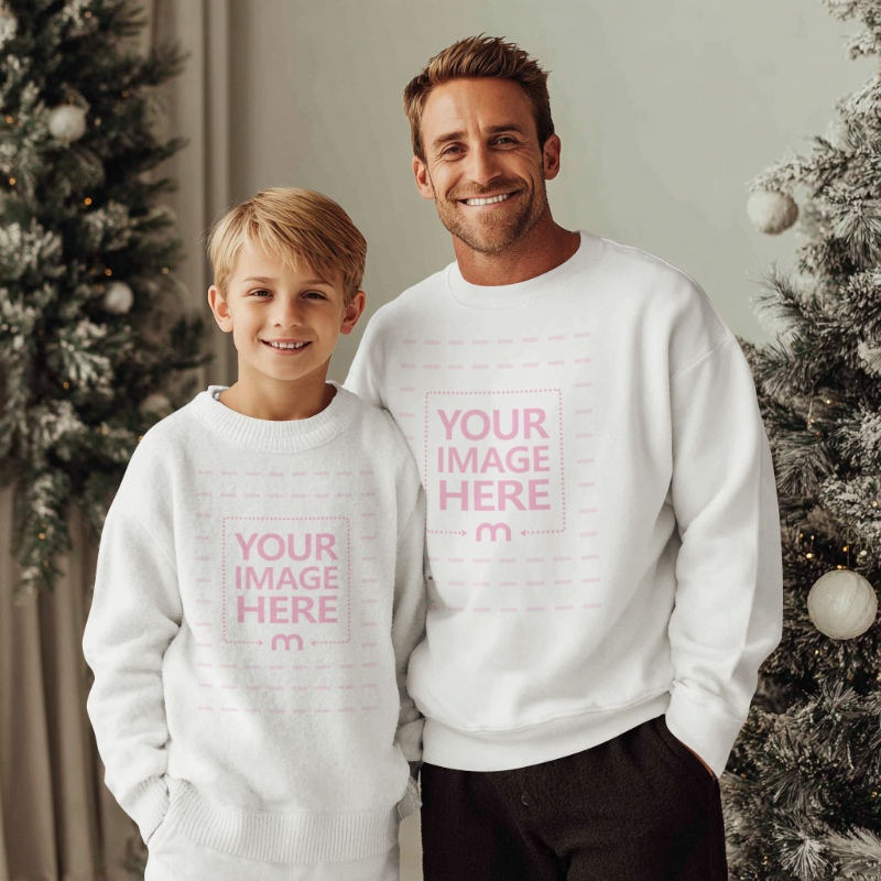 Sweatshirt Mockup for Father and Son in Christmas Themed Background preview image