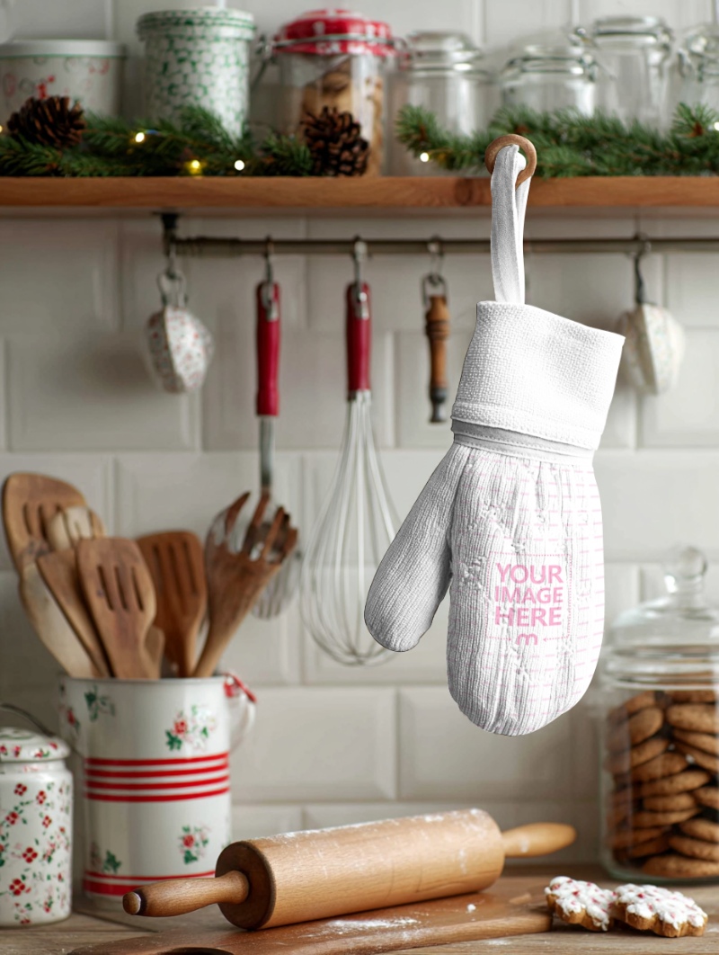 Oven Mitten Mockup Hanging for Cozy Christmas Scene preview image