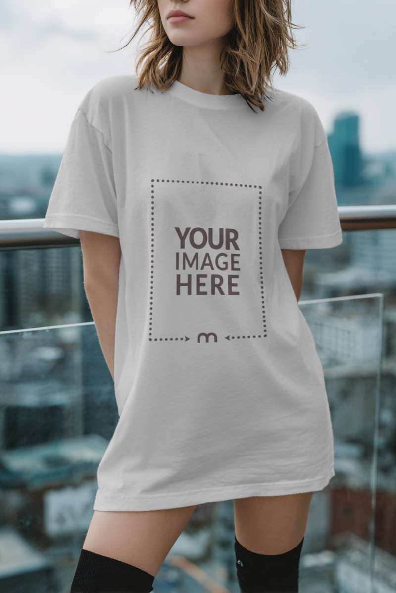 Baggy T-Shirt Mockup on Female Model Outdoor preview image