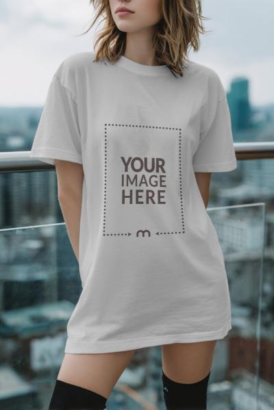 Baggy T-Shirt Mockup on Female Model Outdoor