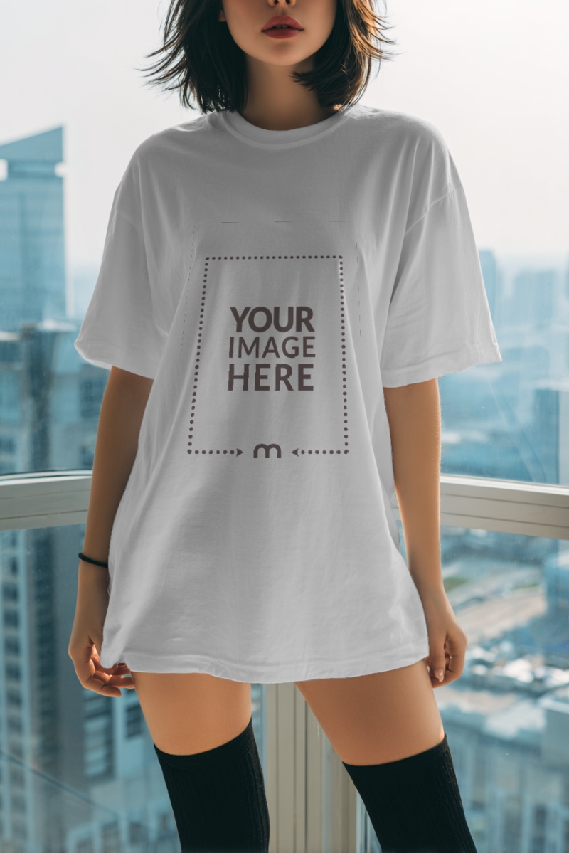 Baggy T-Shirt Mockup with Woman Model Standing Outdoor preview image