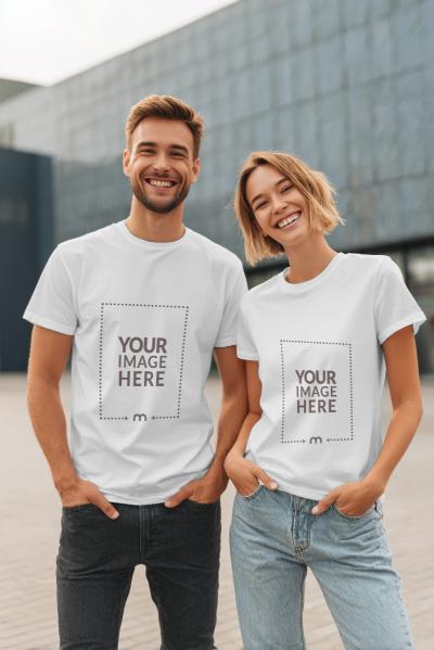 Couple T-Shirt Mockup Standing Outdoor for Romantic Apparels