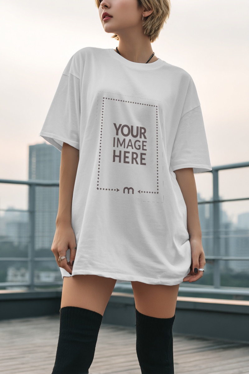 Oversized T-Shirt Mockup on Female Model at Rooftop preview image