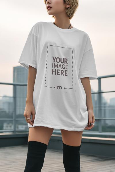Oversized T-Shirt Mockup on Female Model at Rooftop