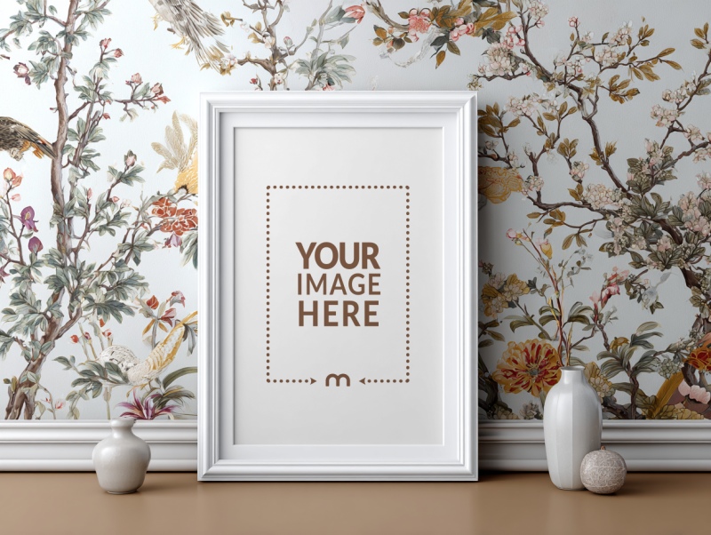 Photo Frame Mockup on Printed Wall Background preview image