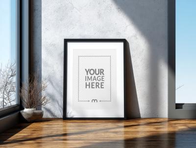 Photo Frame Mockup with Black Border Placed on Floor