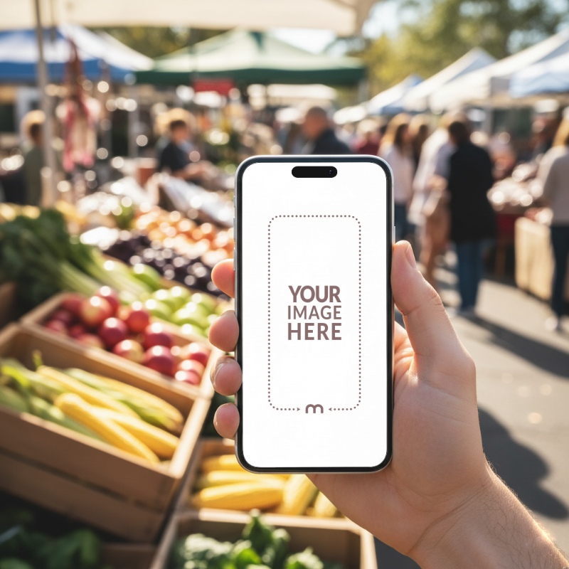 iPhone Mockup Generator in Hand with Farmer’s Market in the Background preview image