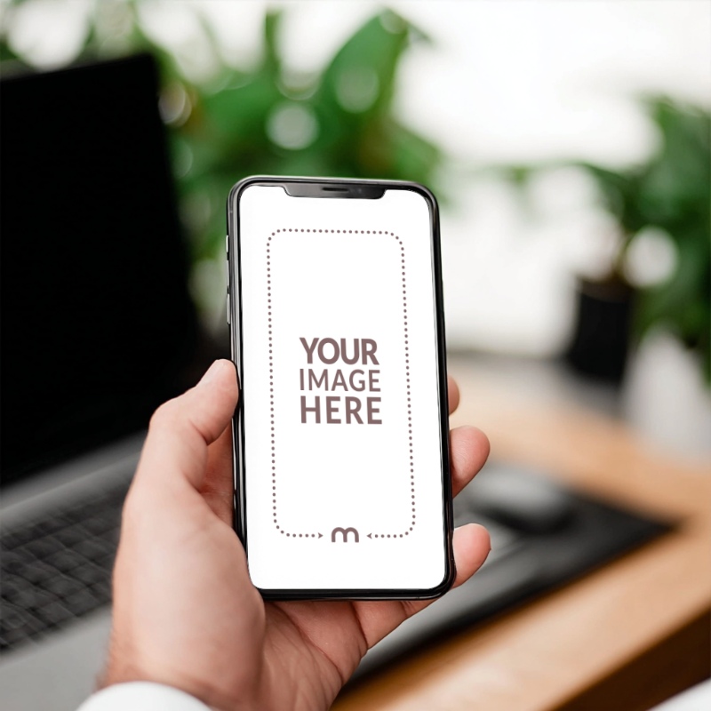 iPhone Mockup Generator in Hand in a Modern Office Interior preview image
