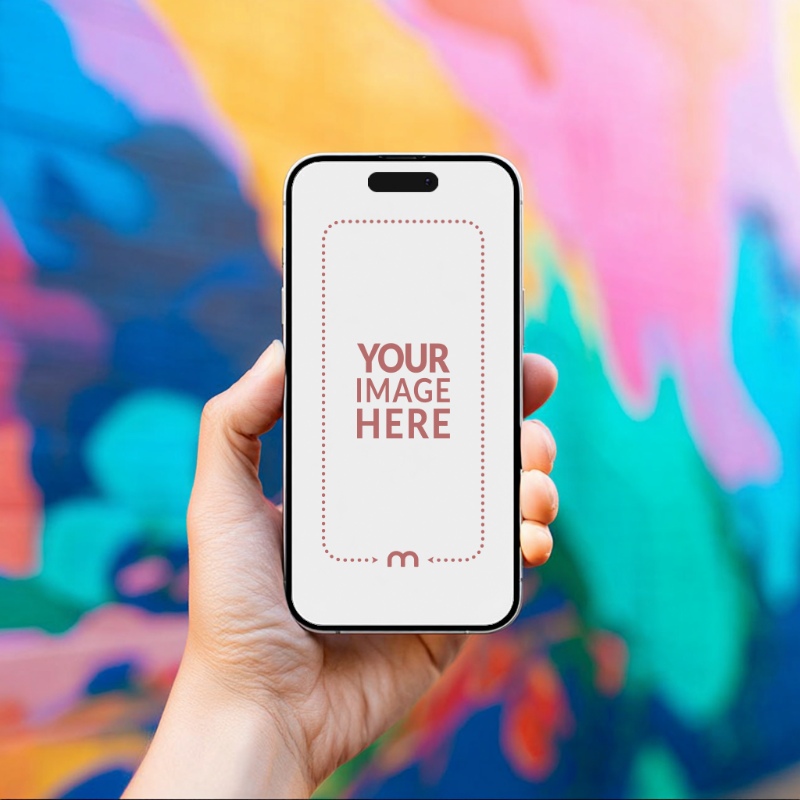 iPhone Mockup Generator in Hand with Bright Colorful Background preview image