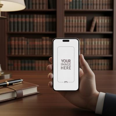 iPhone Mockup Generator in Hand with Lawyer’s Office in the Background