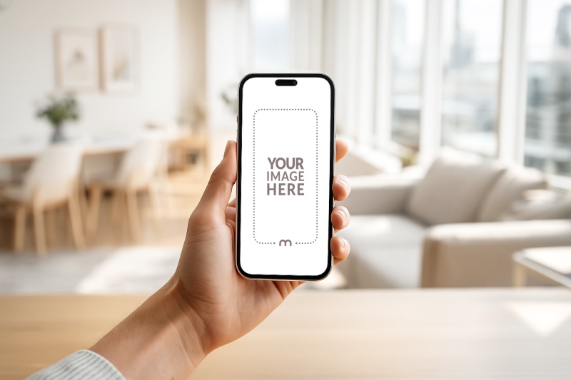 iPhone Mockup Generator in Hand with Cozy Living Room Behind preview image