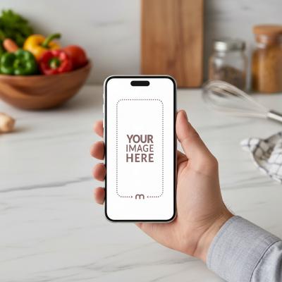 iPhone Mockup Generator in Hand with Kitchen Interior Behind