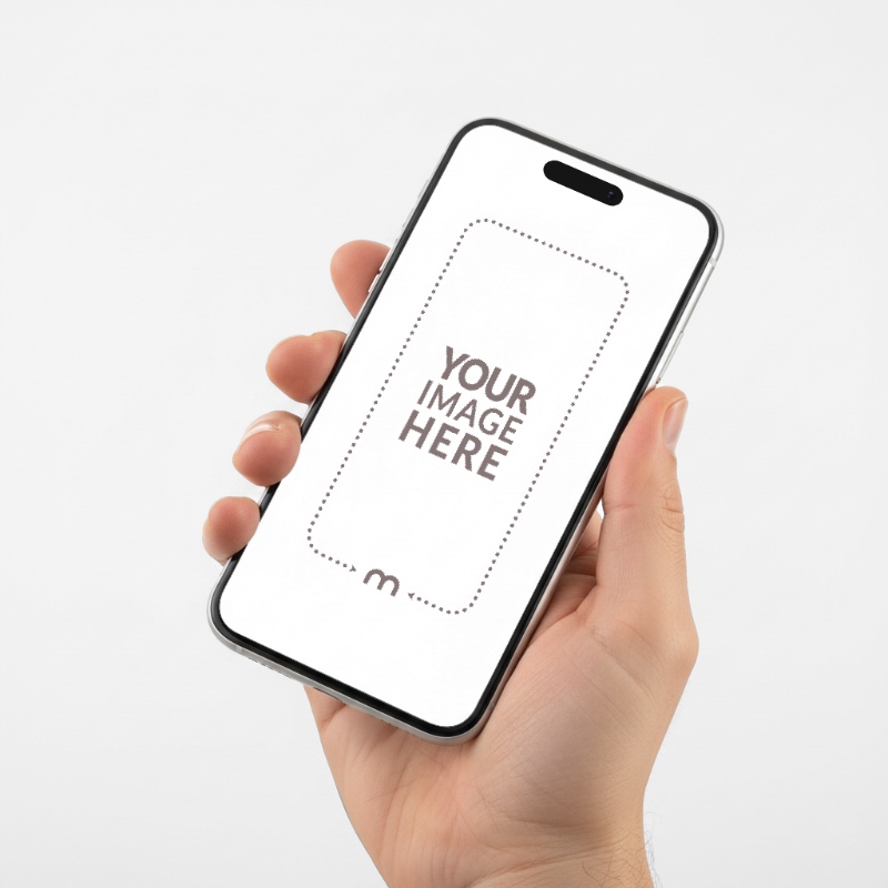 iPhone Mockup Generator in Hand Angled View with White Background preview image