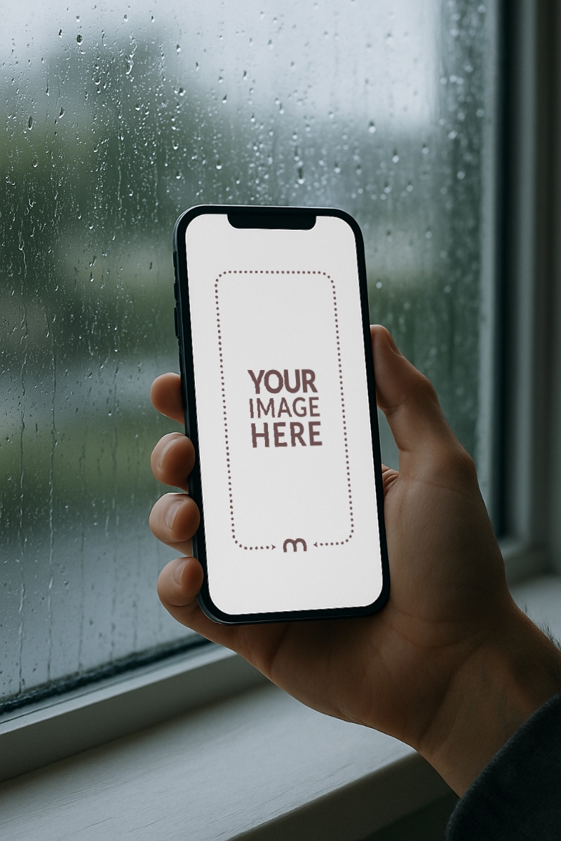 iPhone Mockup Generator in Hand by Rainy Window with Drops Visible preview image