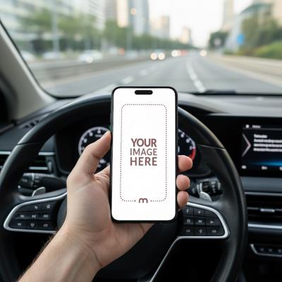 iPhone Mockup Generator in Hand While Driving with Dashboard View
