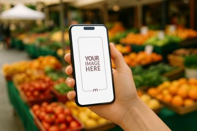 iPhone Mockup Generator in Hand with Scenic Village Farm Behind