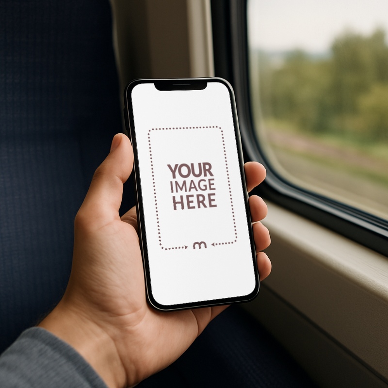 iPhone Mockup Generator in Hand Beside a Train Window preview image