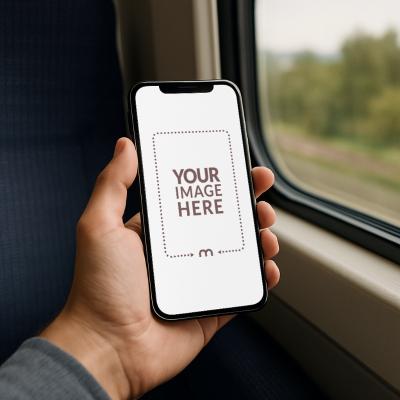 iPhone Mockup Generator in Hand Beside a Train Window