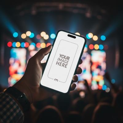 iPhone Mockup Generator in Hand with Bright Lights at a Concert
