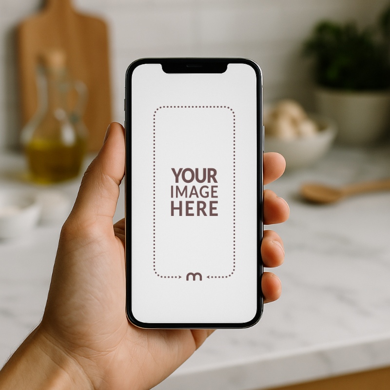 iPhone Mockup Generator in Hand Over Table Full of Food Items preview image