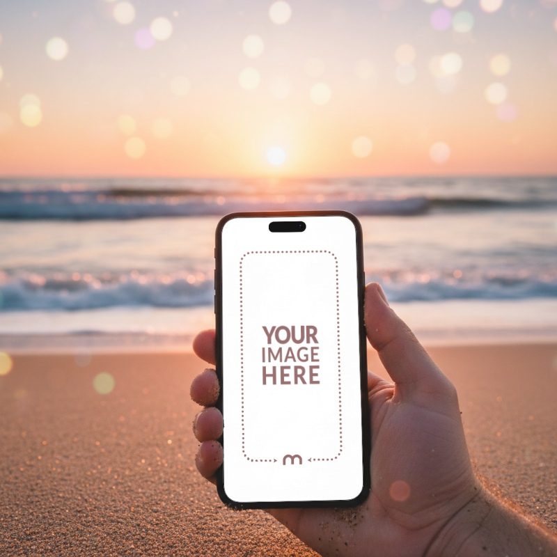 iPhone Mockup Generator in Hand with Sea Beach and Waves Behind preview image